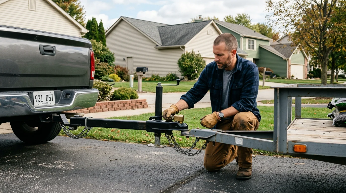Pickup truck owner inspecting a coupler lock on a utility trailer in a driveway